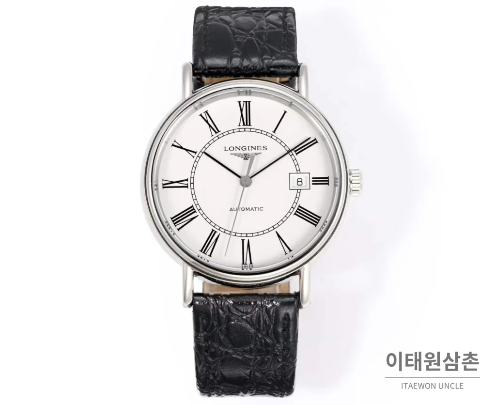 론진 클래식 스틸 화이트다이얼 심플 오토매틱 40mm 블랙 가죽 스트랩 (3)
