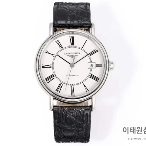 론진 클래식 스틸 화이트다이얼 심플 오토매틱 40mm 블랙 가죽 스트랩 (3)