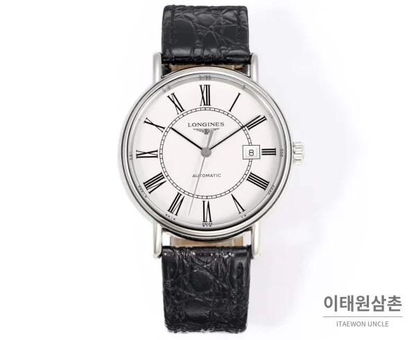 론진 클래식 스틸 화이트다이얼 심플 오토매틱 40mm 블랙 가죽 스트랩 (3)