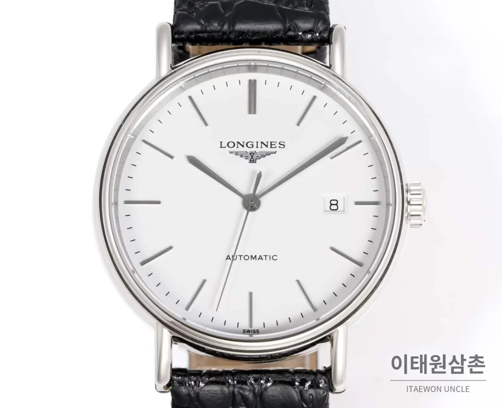 론진 클래식 스틸 화이트다이얼 심플 오토매틱 40mm 블랙 가죽 스트랩