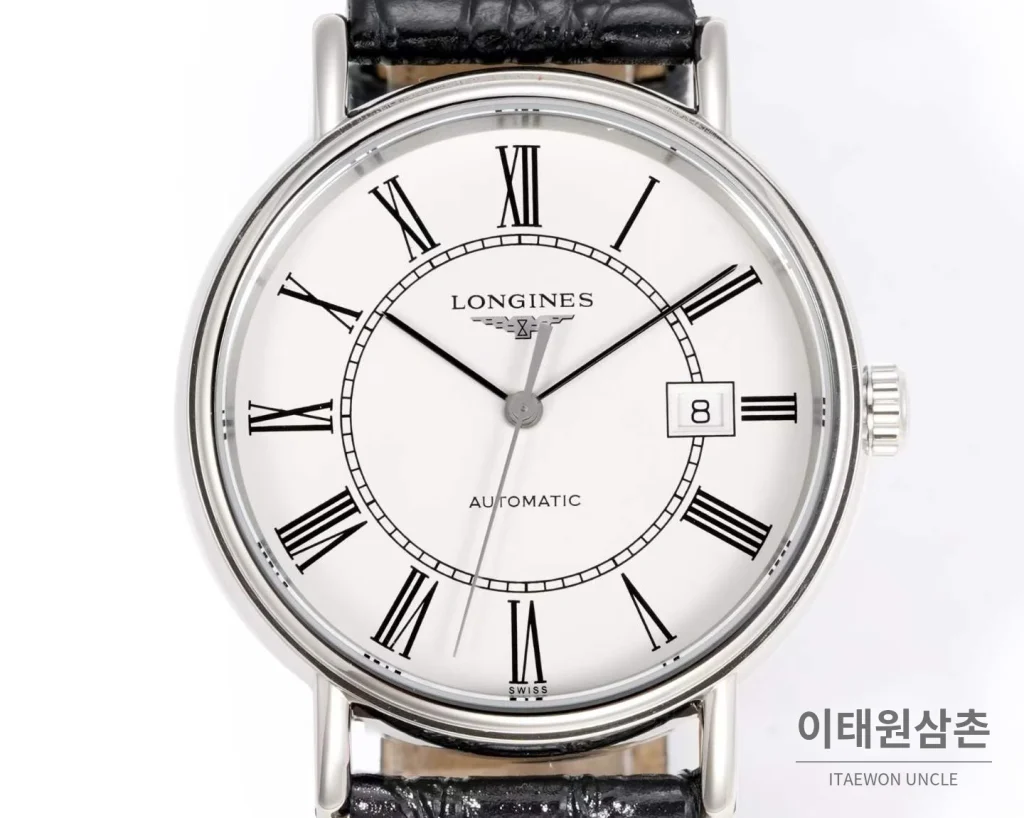 론진 클래식 스틸 화이트다이얼 심플 오토매틱 40mm 블랙 가죽 스트랩 (3)