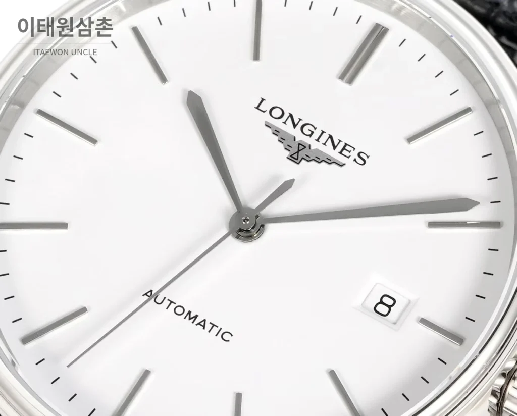 론진 클래식 스틸 화이트다이얼 심플 오토매틱 40mm 블랙 가죽 스트랩