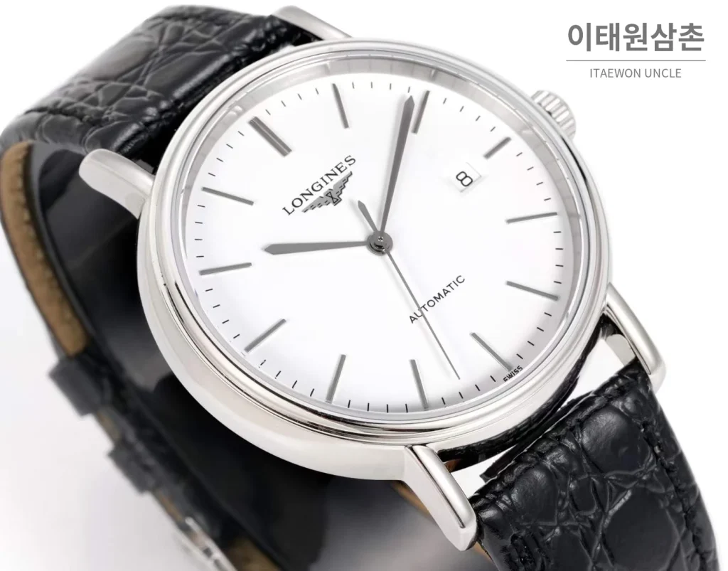 론진 클래식 스틸 화이트다이얼 심플 오토매틱 40mm 블랙 가죽 스트랩