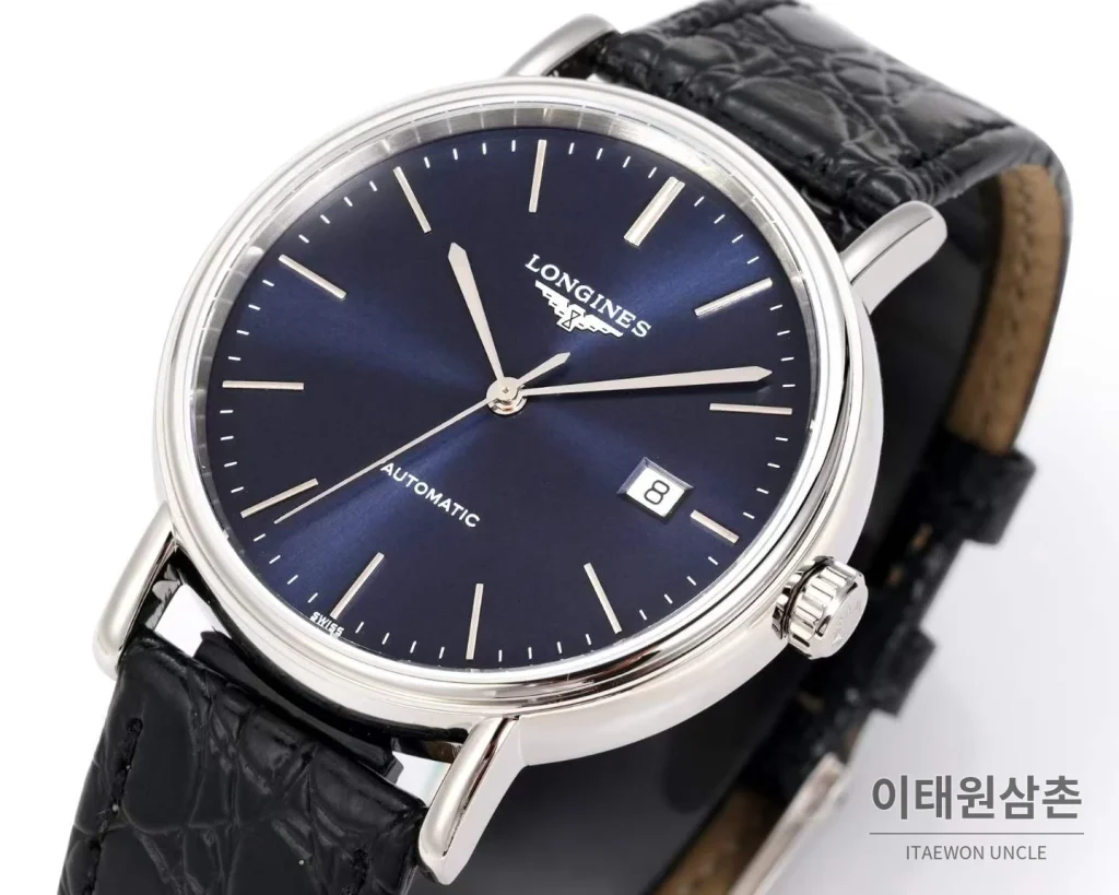 론진 클래식 스틸 화이트다이얼 심플 오토매틱 40mm 블랙 가죽 스트랩 (2)