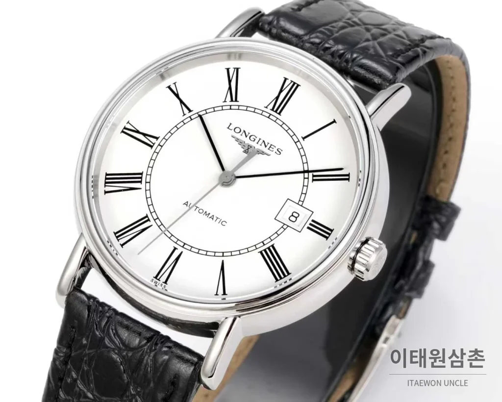 론진 클래식 스틸 화이트다이얼 심플 오토매틱 40mm 블랙 가죽 스트랩 (3)