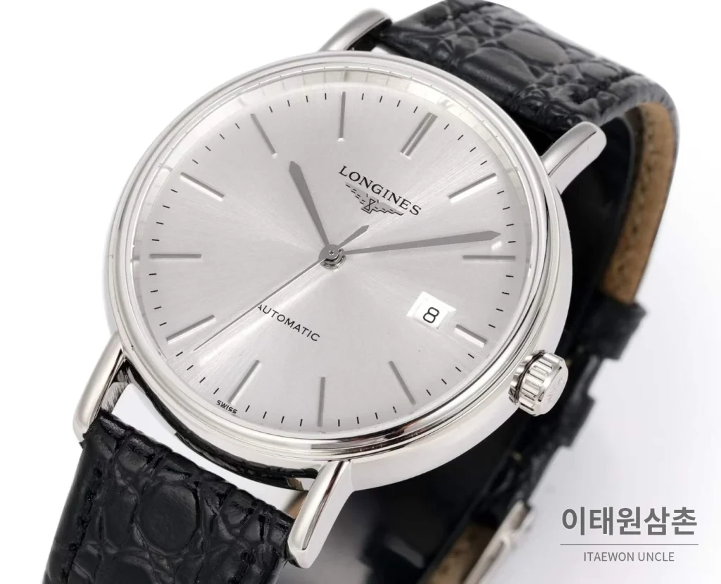 론진 클래식 스틸 화이트다이얼 심플 오토매틱 40mm 블랙 가죽 스트랩 (4)