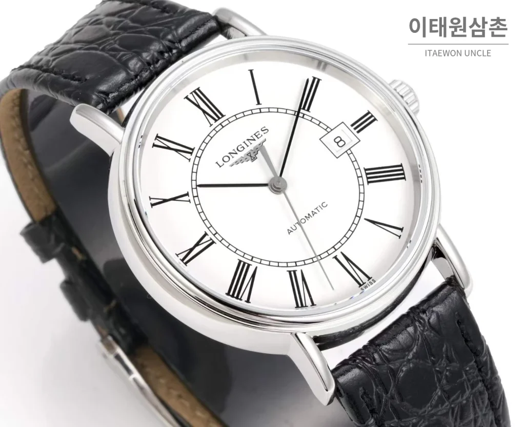 론진 클래식 스틸 화이트다이얼 심플 오토매틱 40mm 블랙 가죽 스트랩 (3)
