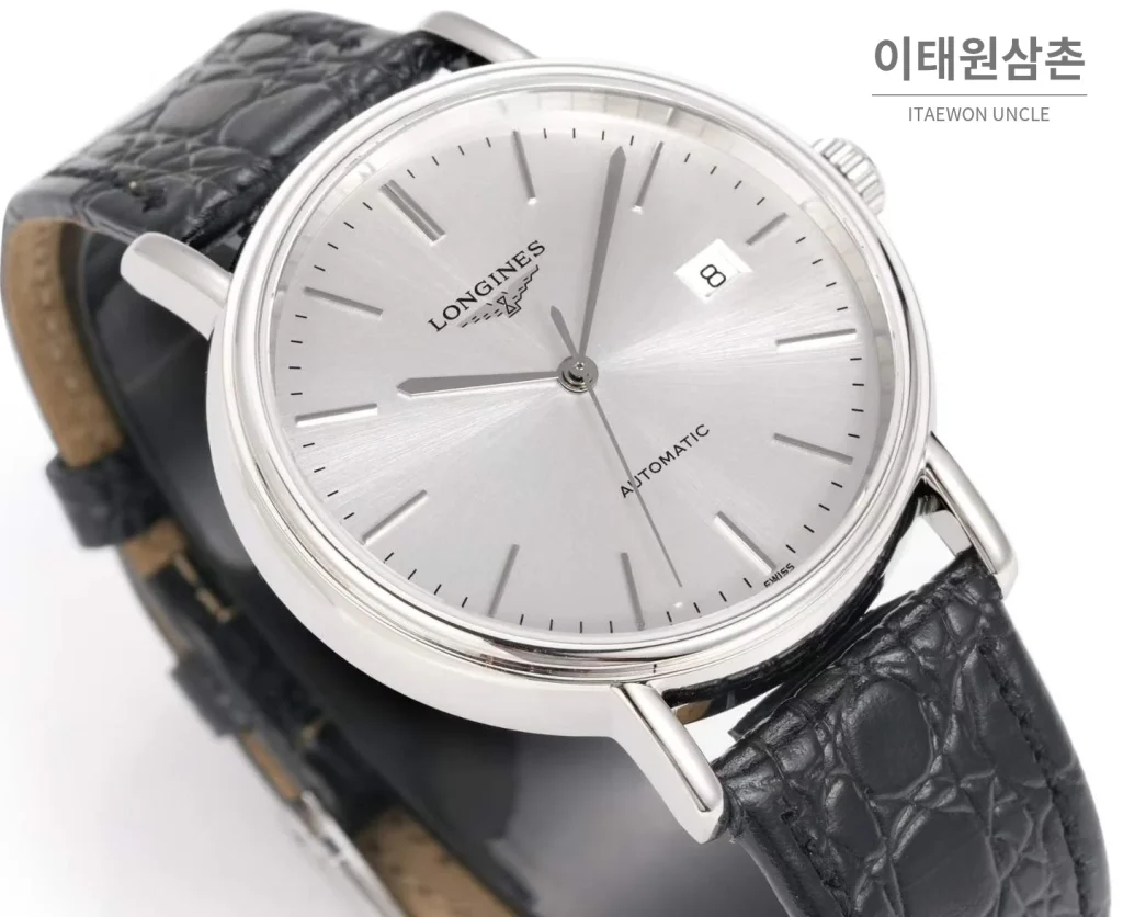 론진 클래식 스틸 화이트다이얼 심플 오토매틱 40mm 블랙 가죽 스트랩 (4)