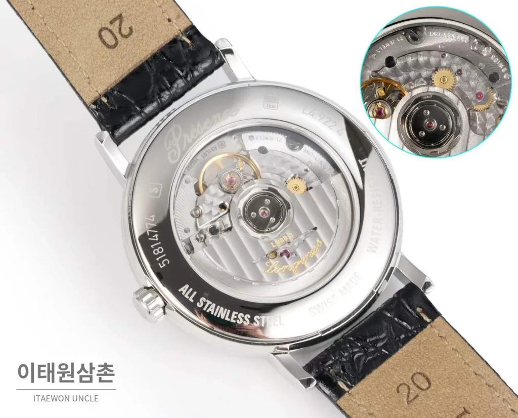 론진 클래식 스틸 화이트다이얼 심플 오토매틱 40mm 블랙 가죽 스트랩