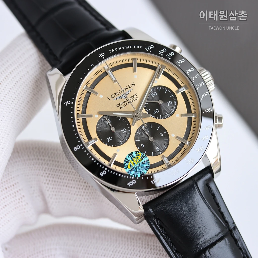 론진 콘퀘스트 베이지다이얼 크로노그래프 가죽밴드 오토매틱 42mm