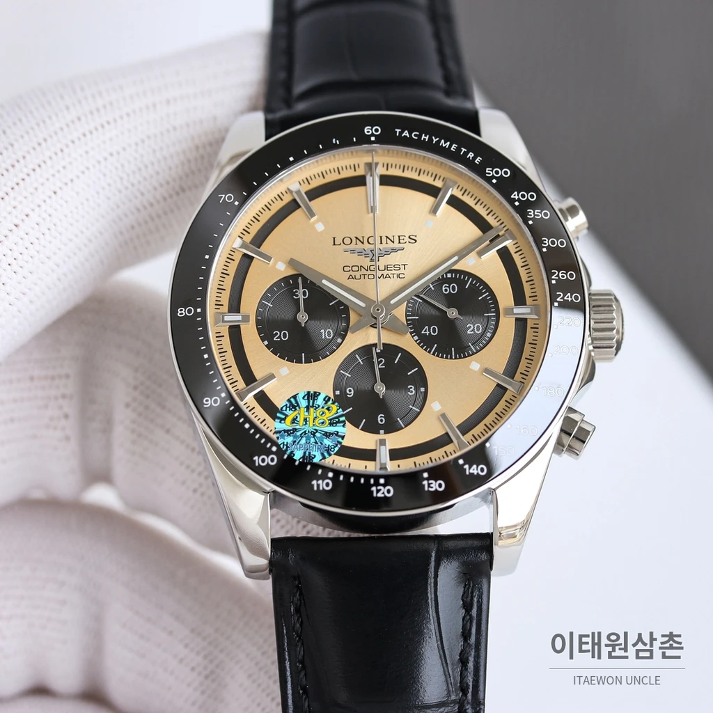 론진 콘퀘스트 베이지다이얼 크로노그래프 가죽밴드 오토매틱 42mm