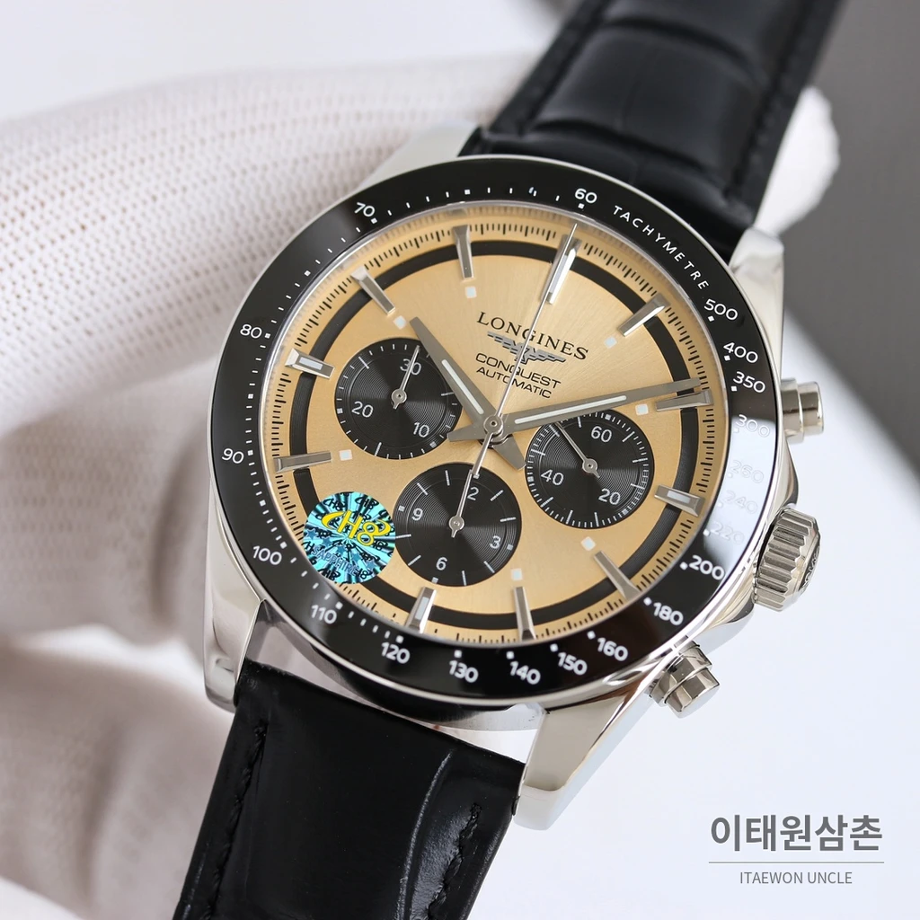 론진 콘퀘스트 베이지다이얼 크로노그래프 가죽밴드 오토매틱 42mm