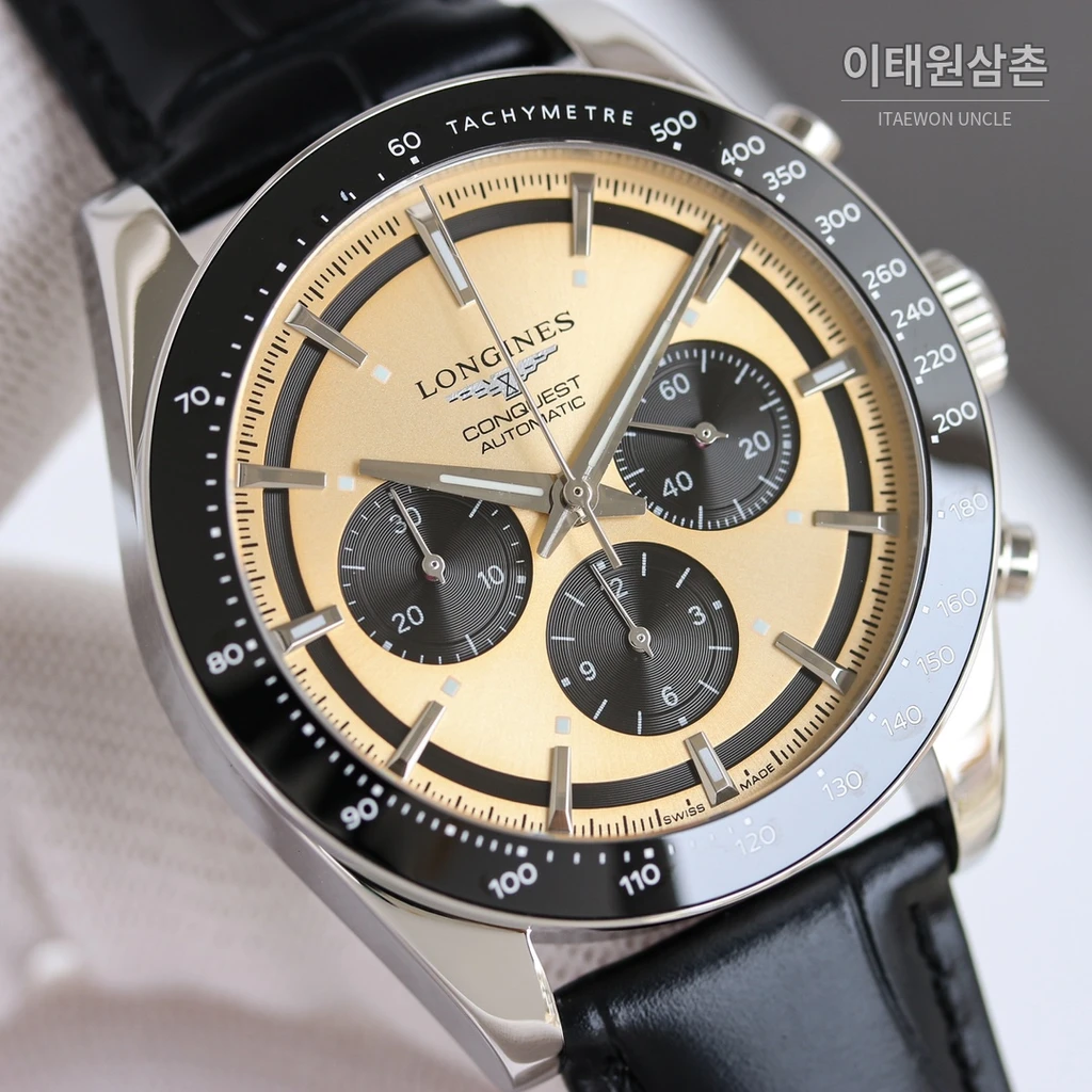 론진 콘퀘스트 베이지다이얼 크로노그래프 가죽밴드 오토매틱 42mm