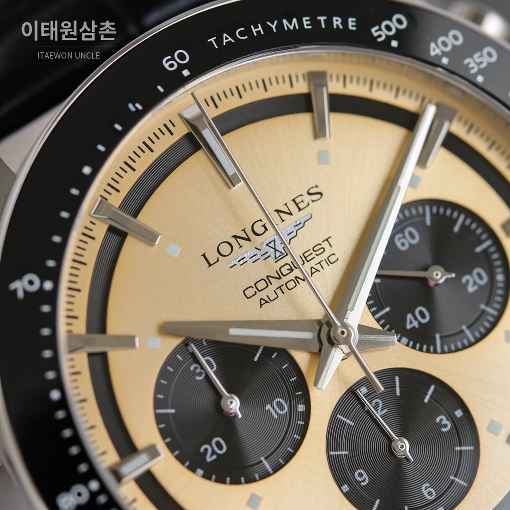 론진 콘퀘스트 베이지다이얼 크로노그래프 가죽밴드 오토매틱 42mm