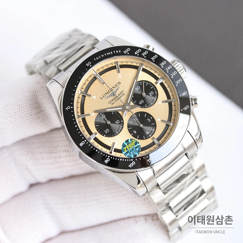 론진 콘퀘스트 베이지다이얼 크로노그래프 스틸밴드 오토매틱 42mm