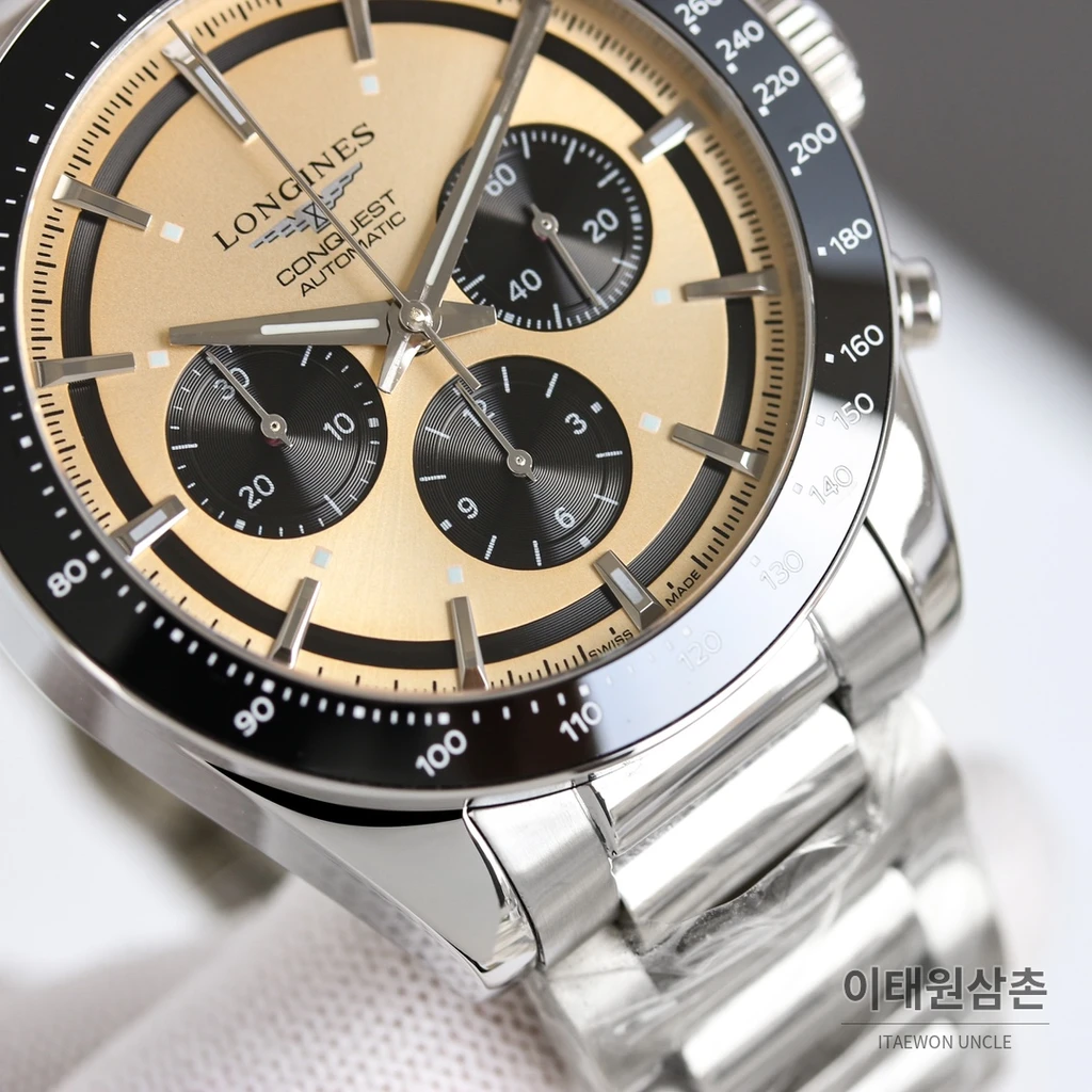 론진 콘퀘스트 베이지다이얼 크로노그래프 스틸밴드 오토매틱 42mm