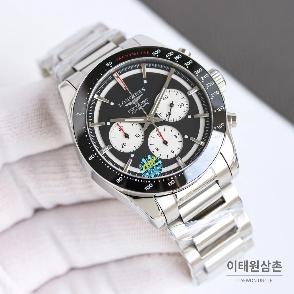 론진 콘퀘스트 블랙다이얼 크로노그래프 스틸밴드 오토매틱 42mm