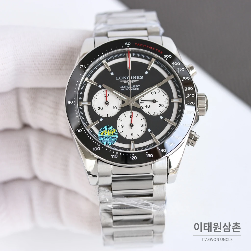 론진 콘퀘스트 블랙다이얼 크로노그래프 스틸밴드 오토매틱 42mm