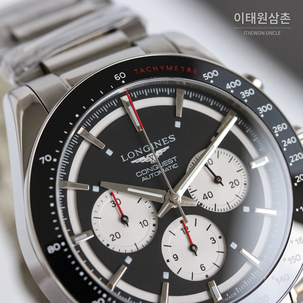 론진 콘퀘스트 블랙다이얼 크로노그래프 스틸밴드 오토매틱 42mm