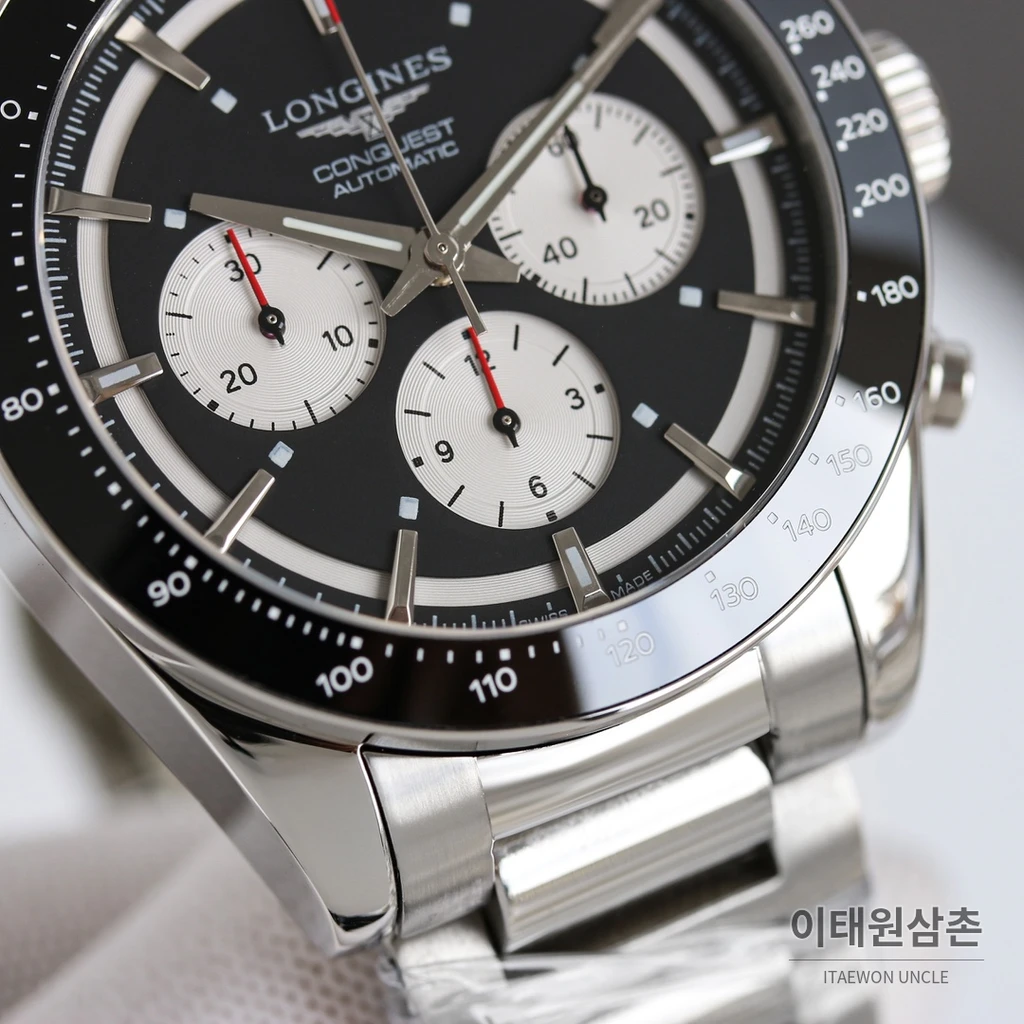 론진 콘퀘스트 블랙다이얼 크로노그래프 스틸밴드 오토매틱 42mm