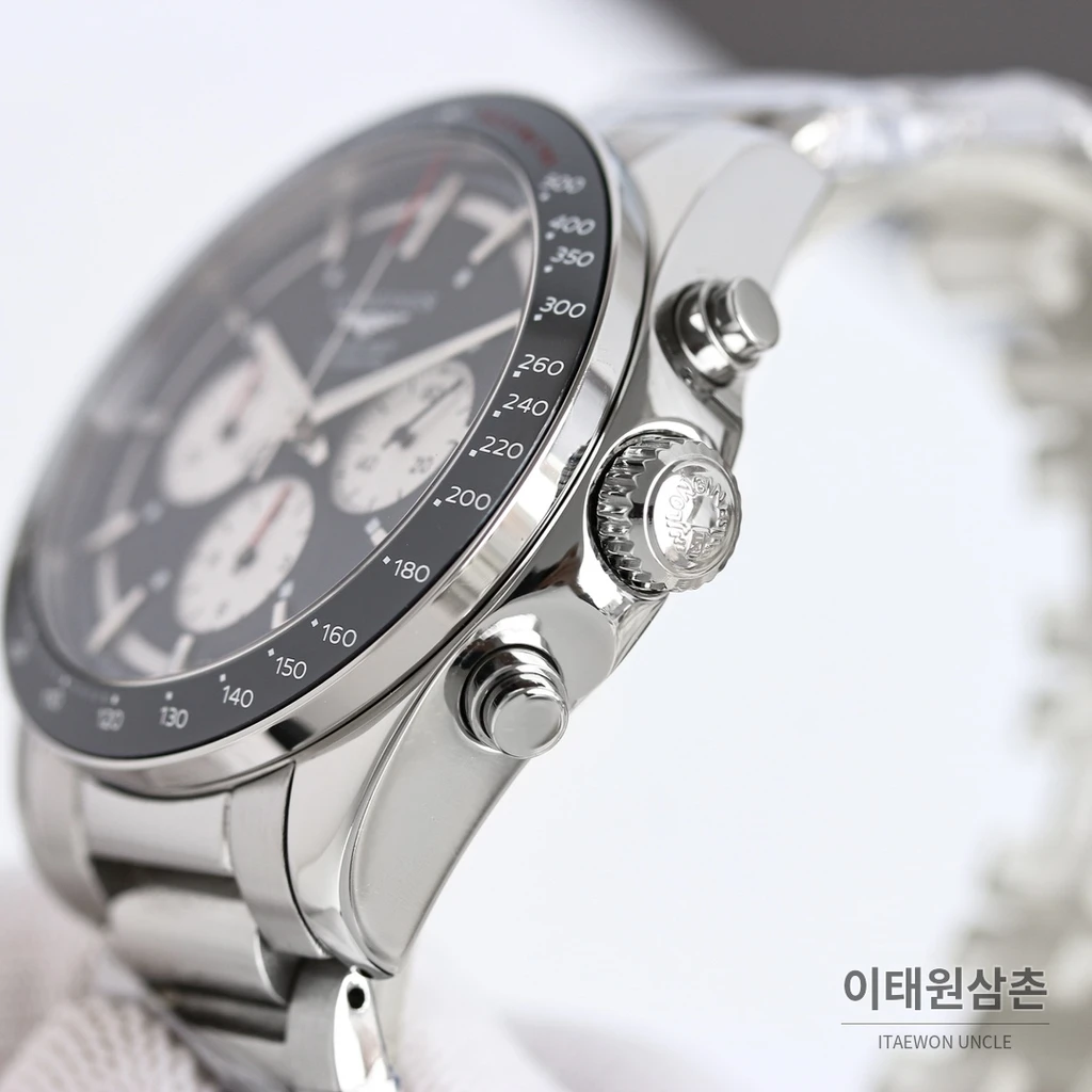론진 콘퀘스트 블랙다이얼 크로노그래프 스틸밴드 오토매틱 42mm