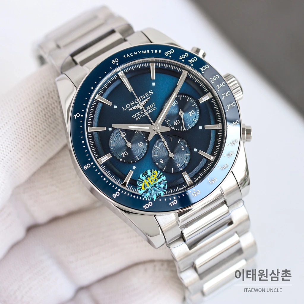 론진 콘퀘스트 블루다이얼 크로노그래프 스틸밴드 오토매틱 42mm
