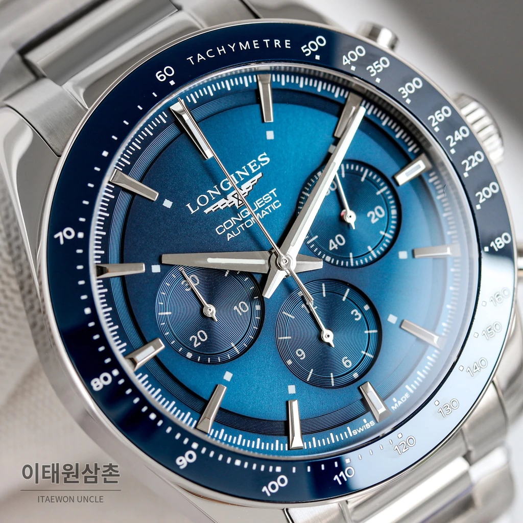 론진 콘퀘스트 블루다이얼 크로노그래프 스틸밴드 오토매틱 42mm