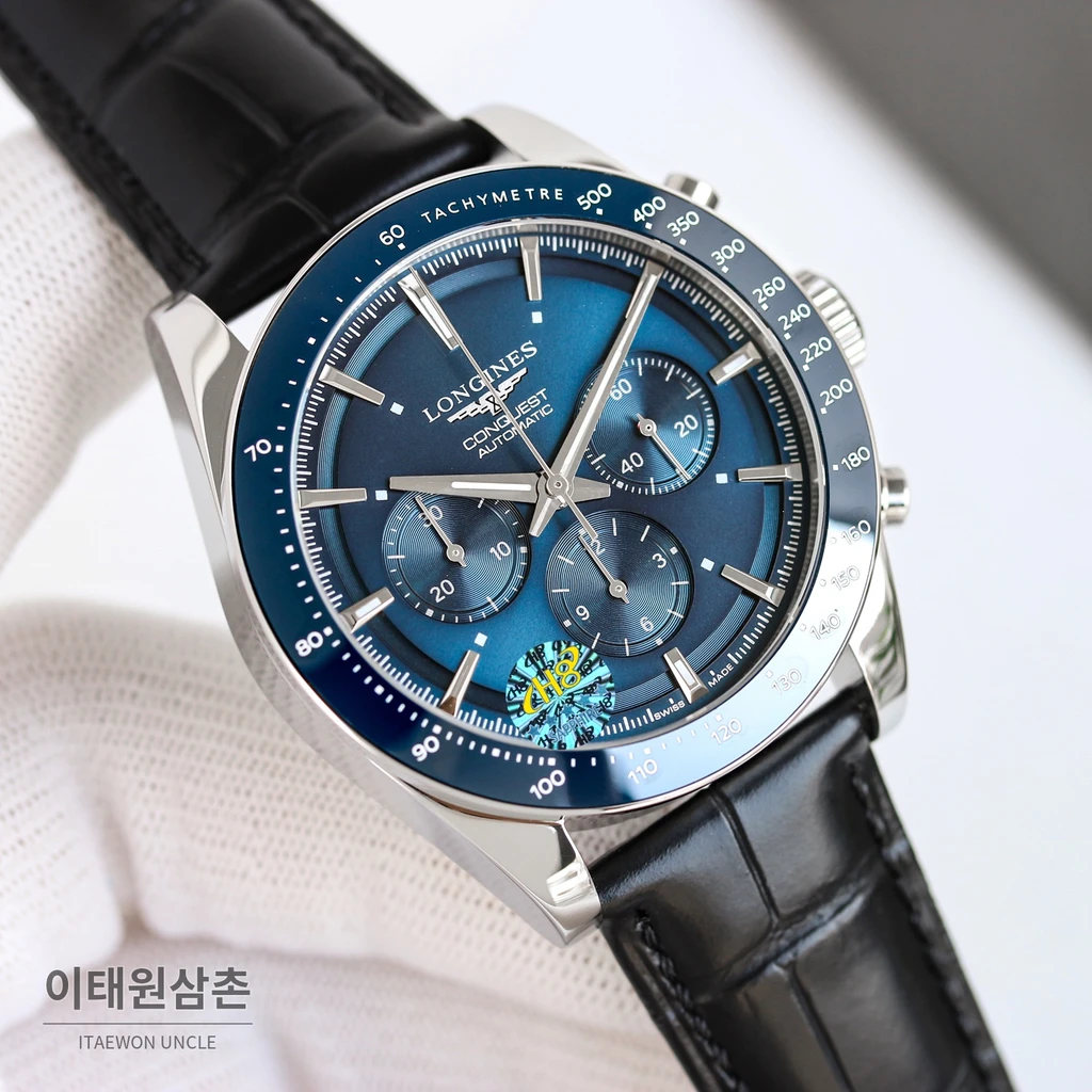 론진 콘퀘스트 블루다이얼 크로노그래프 스틸밴드 오토매틱 42mm