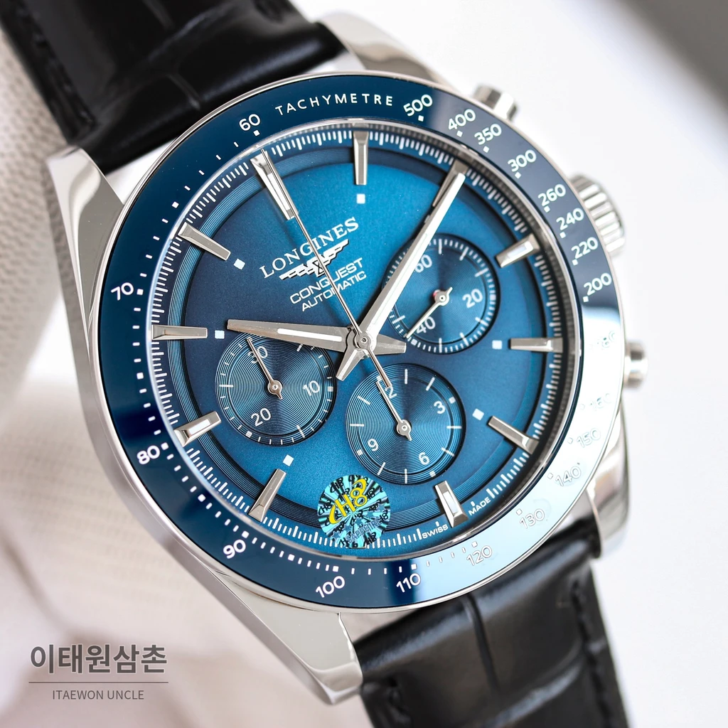 론진 콘퀘스트 블루다이얼 크로노그래프 스틸밴드 오토매틱 42mm