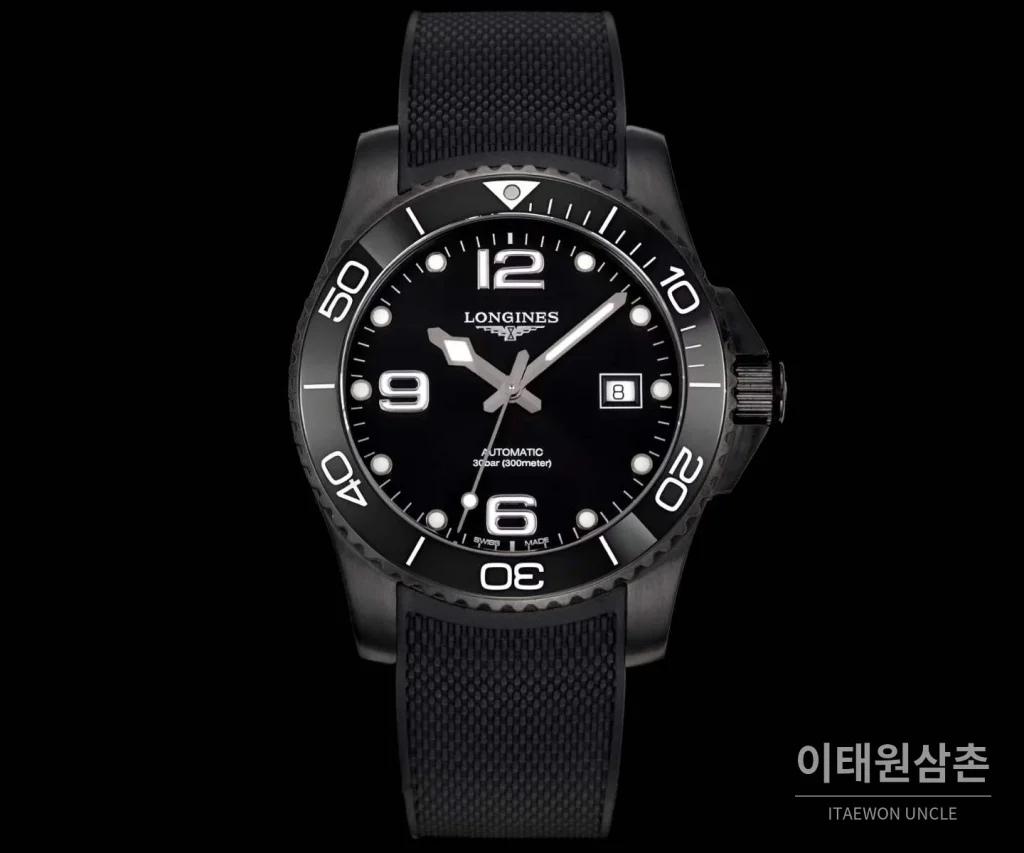 론진 콘퀘스트 세라믹 베젤 다이버 콘퀘스트 오토매틱 41mm 블랙 블랙 러버 스트랩