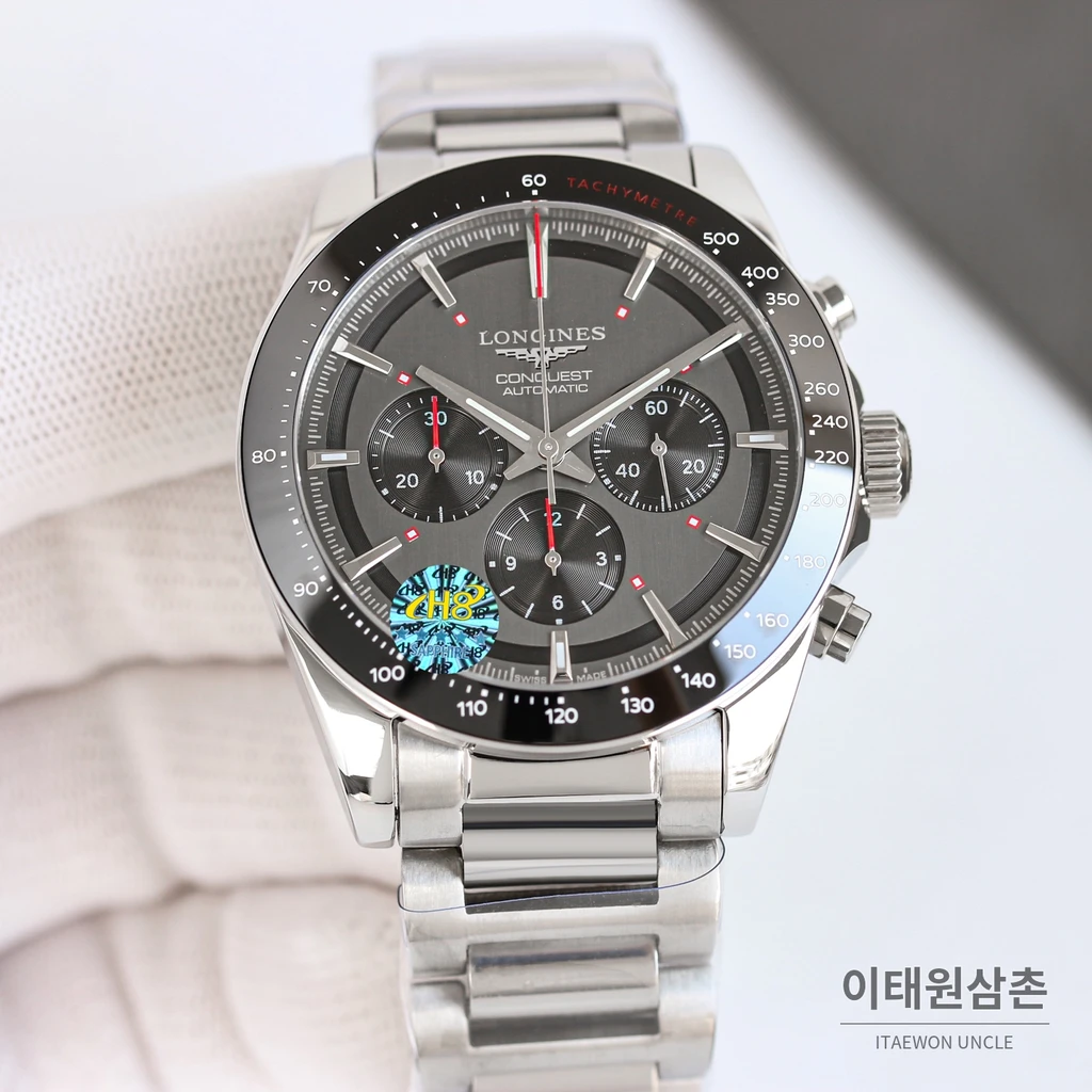 론진 콘퀘스트 그레이다이얼 크로노그래프 스틸밴드 오토매틱 42mm