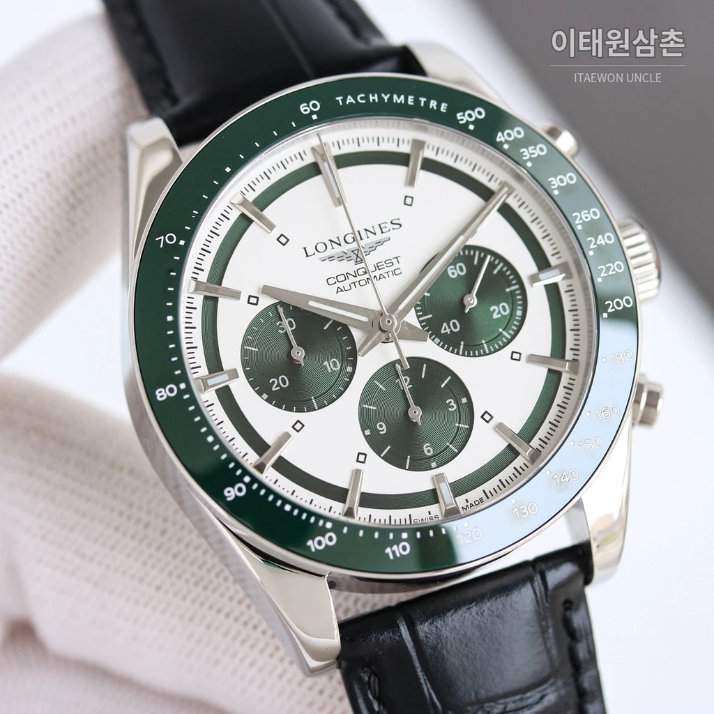 론진 콘퀘스트 그린다이얼 크로노그래프 가죽밴드 오토매틱 42mm