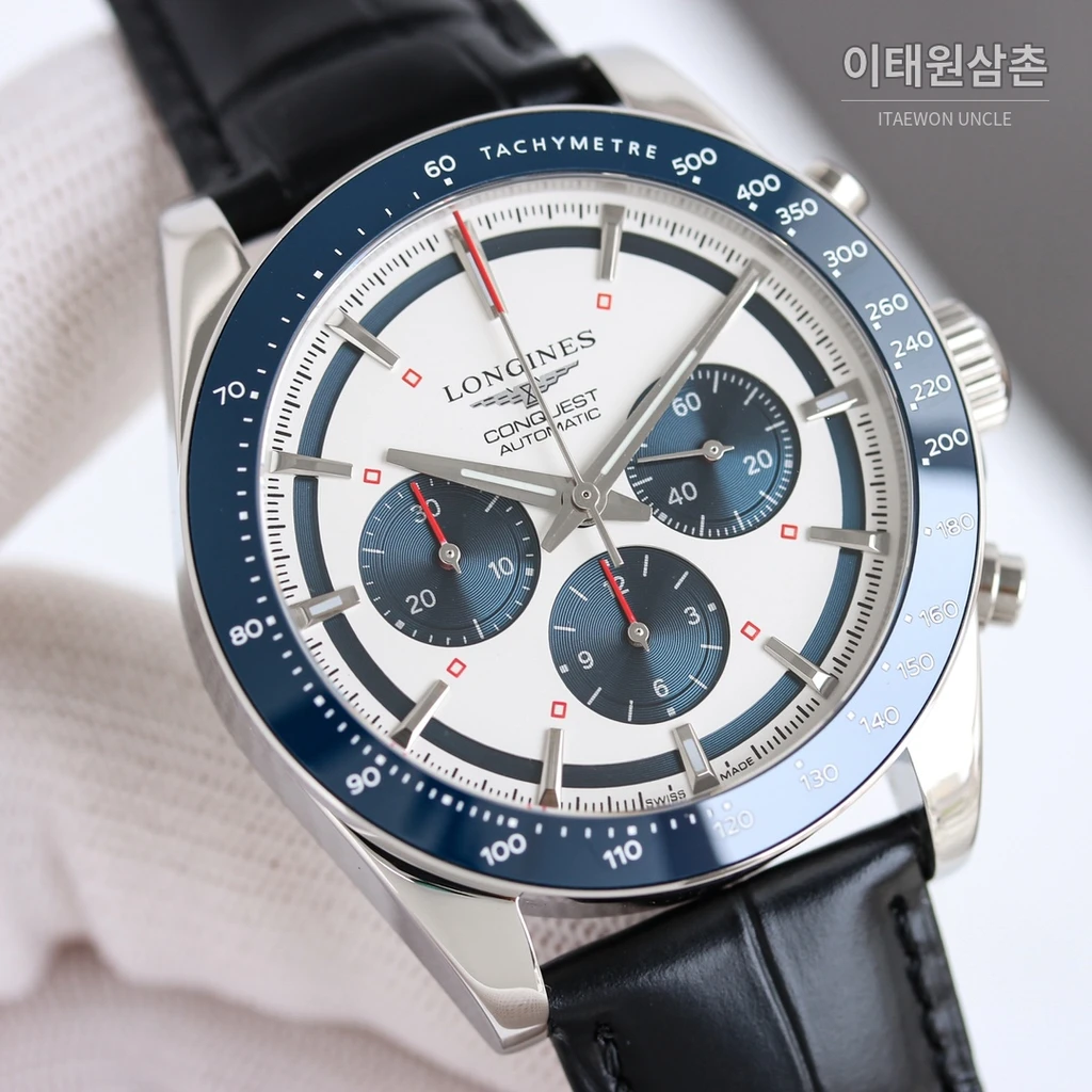 론진 콘퀘스트 그린다이얼 크로노그래프 가죽밴드 오토매틱 42mm