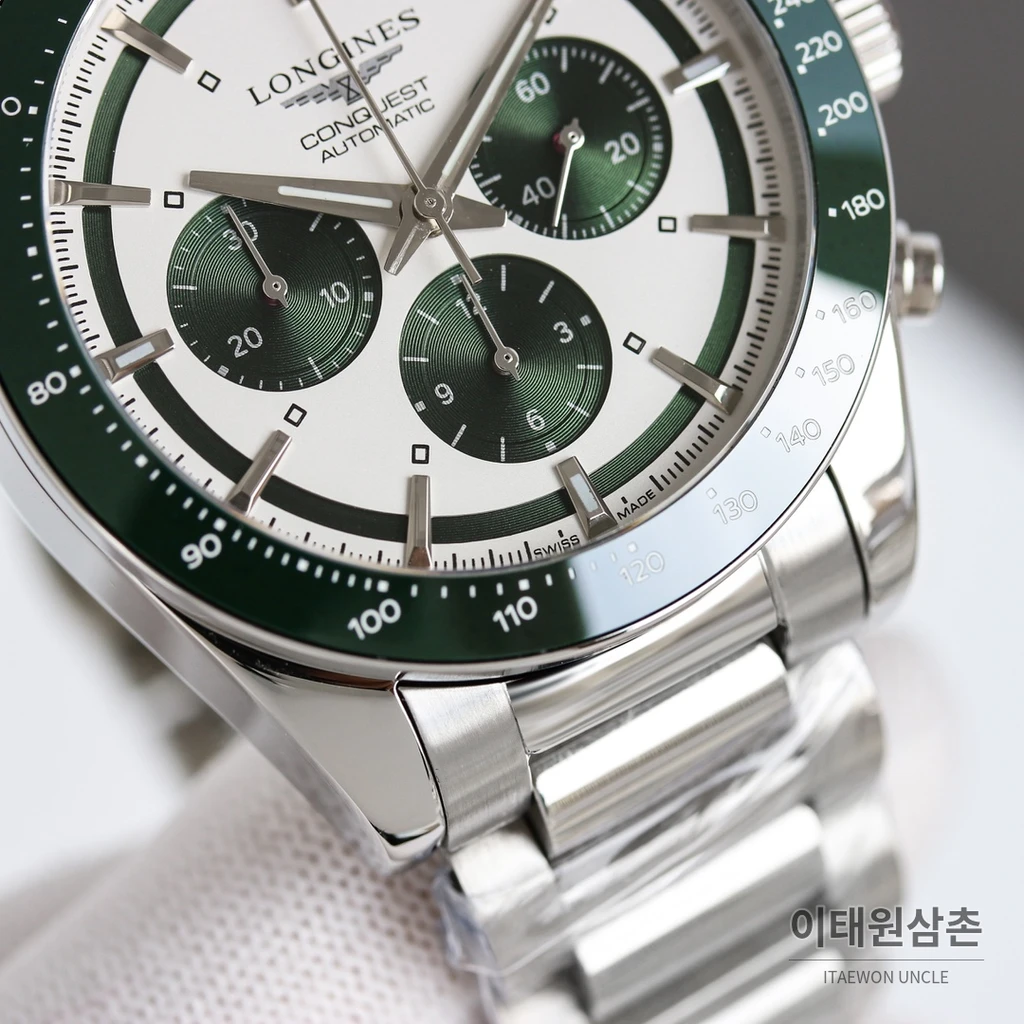 론진 콘퀘스트 그린다이얼 크로노그래프 스틸밴드 오토매틱 42mm