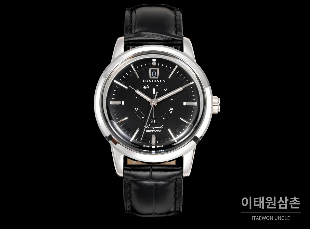 론진 콘퀘스트 헤리티지 센트럴 파워 리저브 블랙 다이얼 실버 인덱스 시계 40mm
