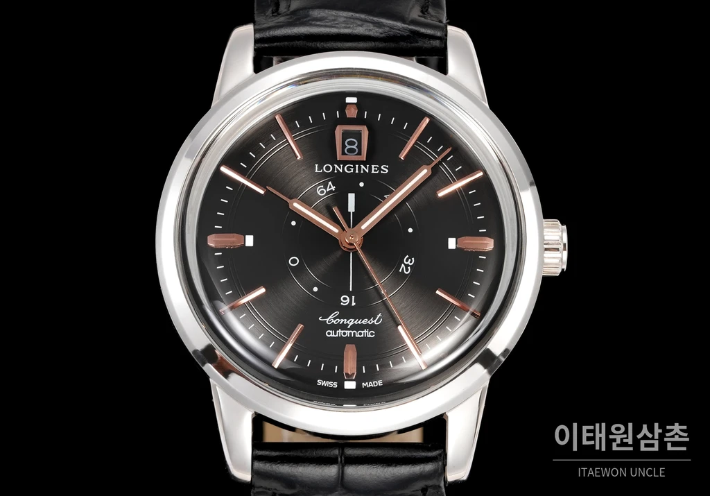 론진 콘퀘스트 헤리티지 센트럴 파워 리저브 차콜 다이얼 로즈골드 톤 시계 40mm