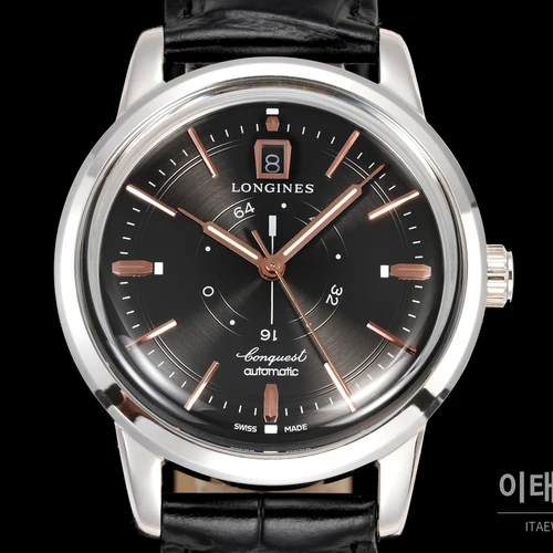 론진 콘퀘스트 헤리티지 센트럴 파워 리저브 차콜 다이얼 로즈골드 톤 시계 40mm