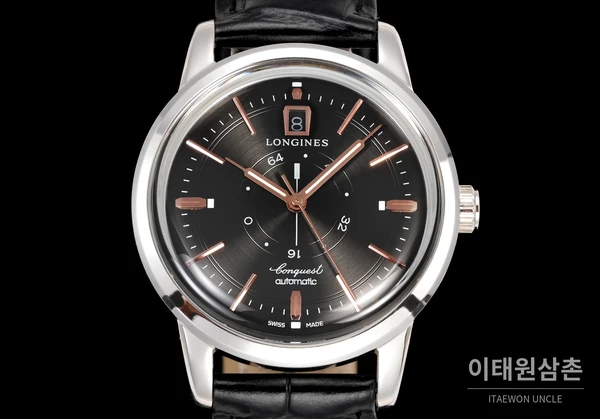 론진 콘퀘스트 헤리티지 센트럴 파워 리저브 차콜 다이얼 로즈골드 톤 시계 40mm