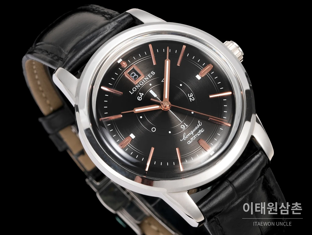론진 콘퀘스트 헤리티지 센트럴 파워 리저브 차콜 다이얼 로즈골드 톤 시계 40mm