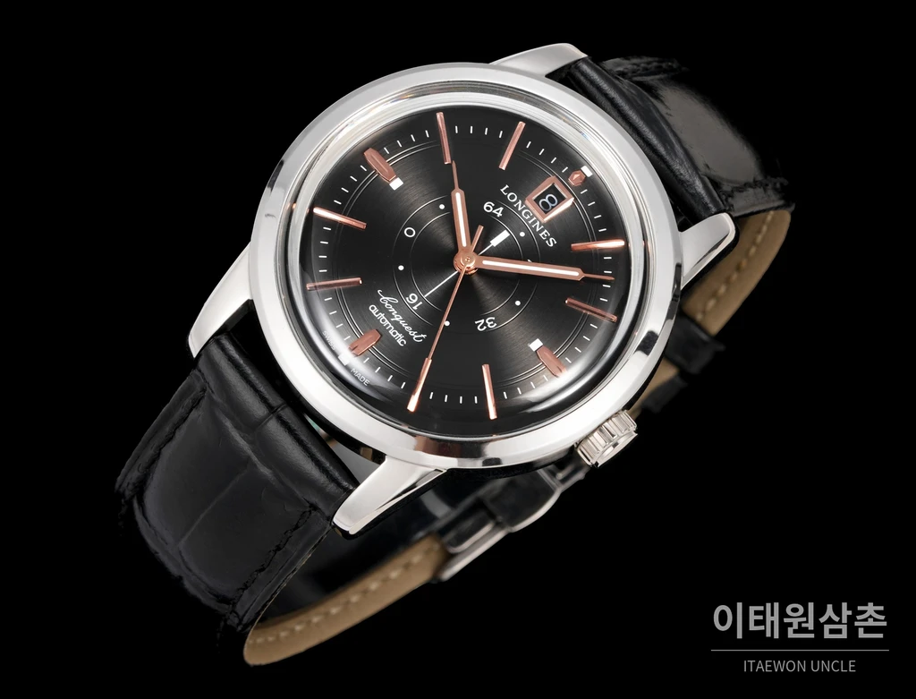 론진 콘퀘스트 헤리티지 센트럴 파워 리저브 차콜 다이얼 로즈골드 톤 시계 40mm