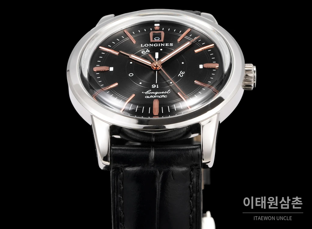 론진 콘퀘스트 헤리티지 센트럴 파워 리저브 차콜 다이얼 로즈골드 톤 시계 40mm