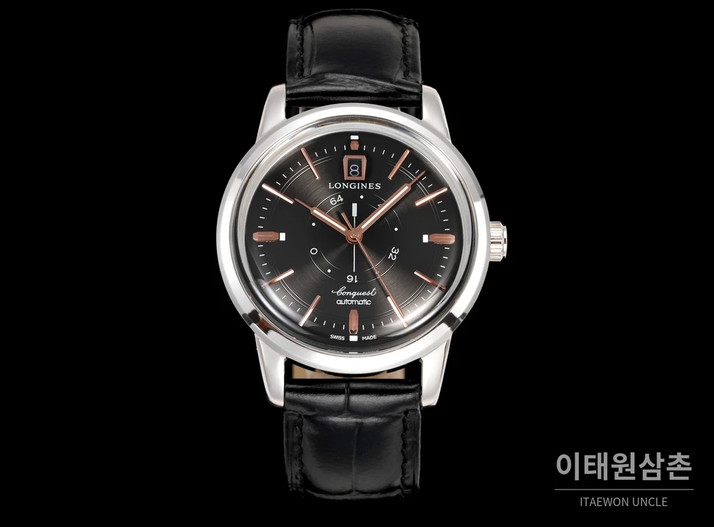 론진 콘퀘스트 헤리티지 센트럴 파워 리저브 차콜 다이얼 로즈골드 톤 시계 40mm