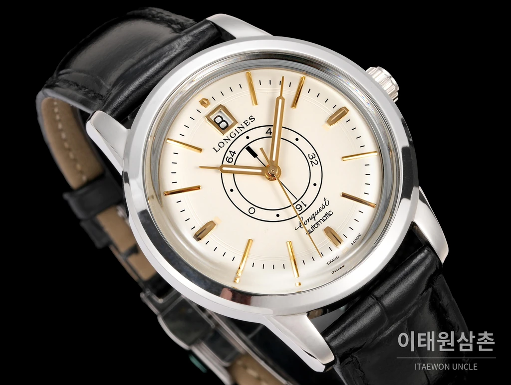 론진 콘퀘스트 헤리티지 센트럴 파워 리저브 아이보리 다이얼 가죽 스트랩 시계 40mm