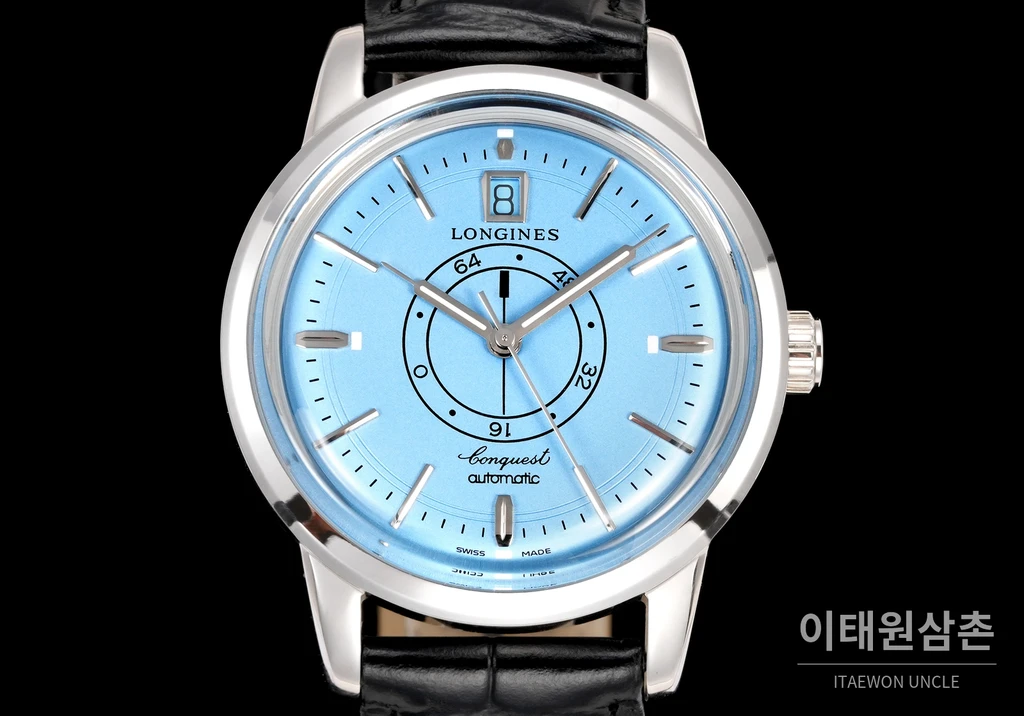 론진 콘퀘스트 헤리티지 센트럴 파워 리저브 라이트블루 다이얼 가죽 스트랩 시계 40mm