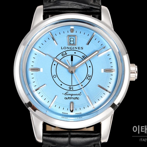 론진 콘퀘스트 헤리티지 센트럴 파워 리저브 라이트블루 다이얼 가죽 스트랩 시계 40mm