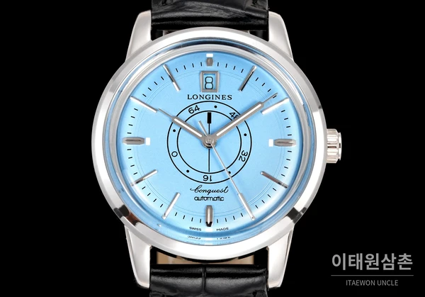 론진 콘퀘스트 헤리티지 센트럴 파워 리저브 라이트블루 다이얼 가죽 스트랩 시계 40mm 론진 콘퀘스트 헤리티지 센트럴 파워 리저브 라이트블루 다이얼 가죽 스트랩 시계 40mm