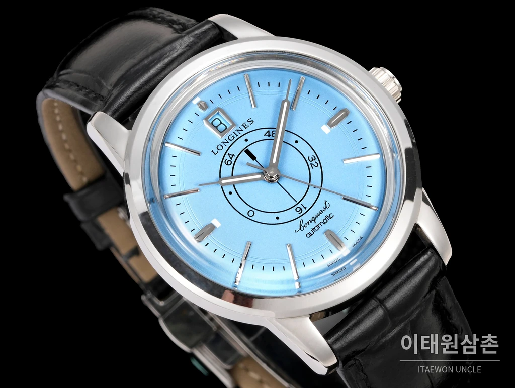 론진 콘퀘스트 헤리티지 센트럴 파워 리저브 라이트블루 다이얼 가죽 스트랩 시계 40mm