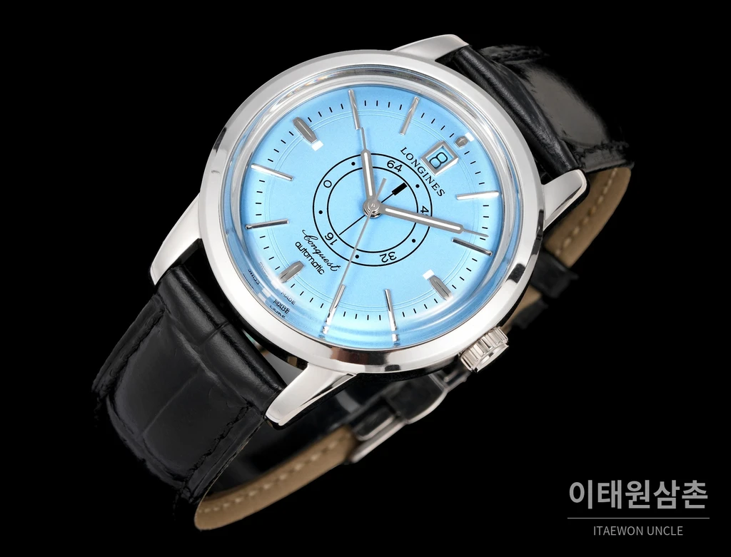 론진 콘퀘스트 헤리티지 센트럴 파워 리저브 라이트블루 다이얼 가죽 스트랩 시계 40mm
