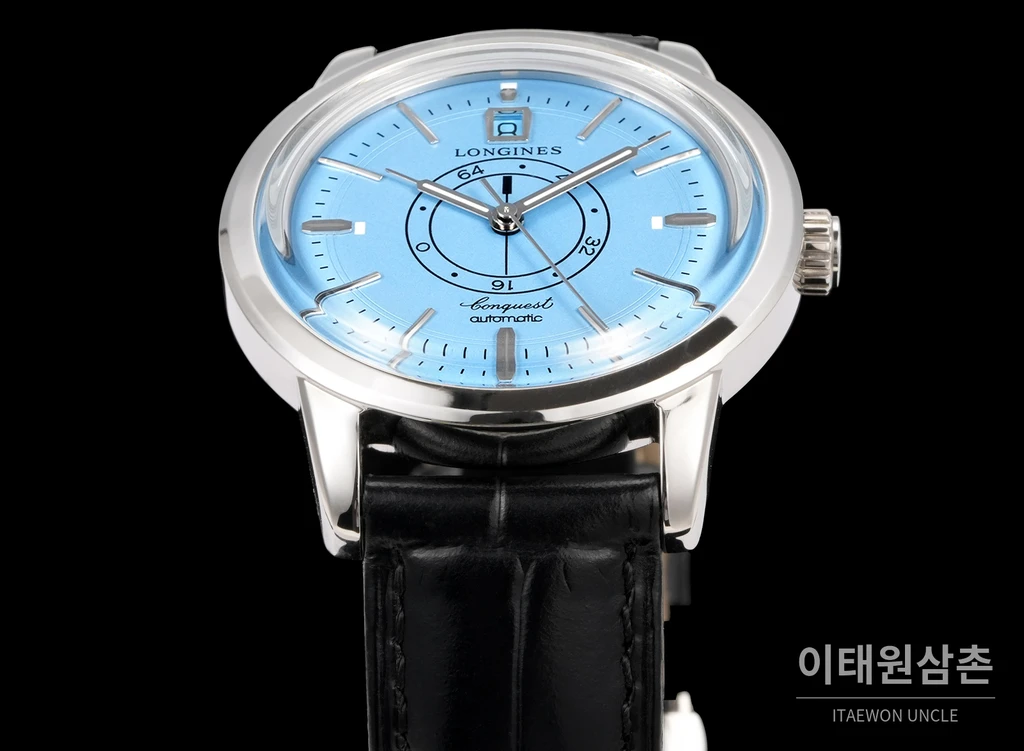 론진 콘퀘스트 헤리티지 센트럴 파워 리저브 라이트블루 다이얼 가죽 스트랩 시계 40mm