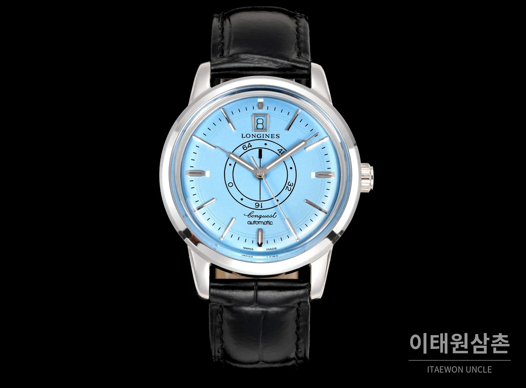 론진 콘퀘스트 헤리티지 센트럴 파워 리저브 라이트블루 다이얼 가죽 스트랩 시계 40mm